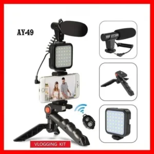 AY-49 Vlogger Kit with Mic Light Tripod Remote Black