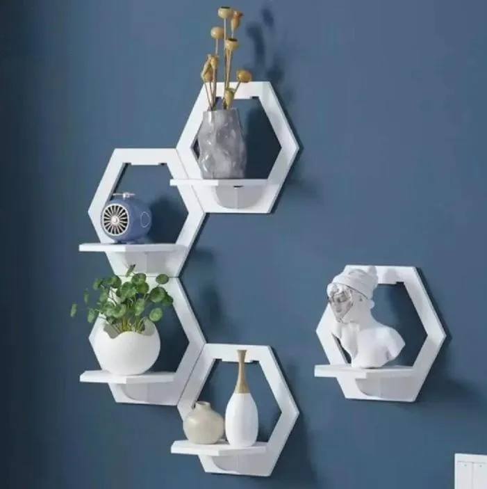 White Hexagon Wall Shelves Set Modern Floating Decor - Image 3