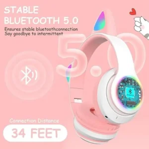 Pink Cat Ear Bluetooth Headphones with LED Lights