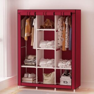 Red 3-Door Foldable Wardrobe Organizer with She