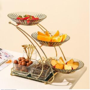 Golden 3-Tier Fruit Serving Stand with Glass Bowls