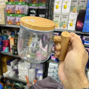 Self Stirring Glass Mug with Wooden Lid and Handle